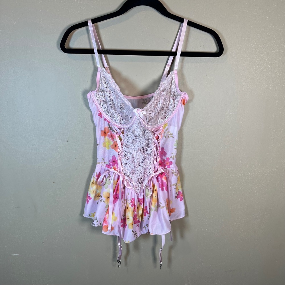 Pink Floral Lace Up Babydoll Camisole Lace Trim Garter Straps XL